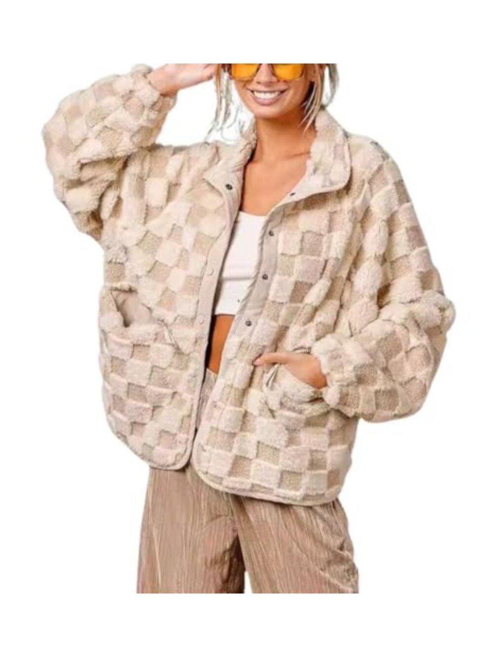 Womens Oversized Fleece Jacket Button Down Sherpa Shacket Coat